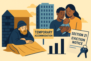 ロンドンのホームレス問題を表す横長イラスト。路上で眠る男性、仮住まいのサイン、家族と赤ちゃん、立ち退き通知、上昇するグラフが描かれている。