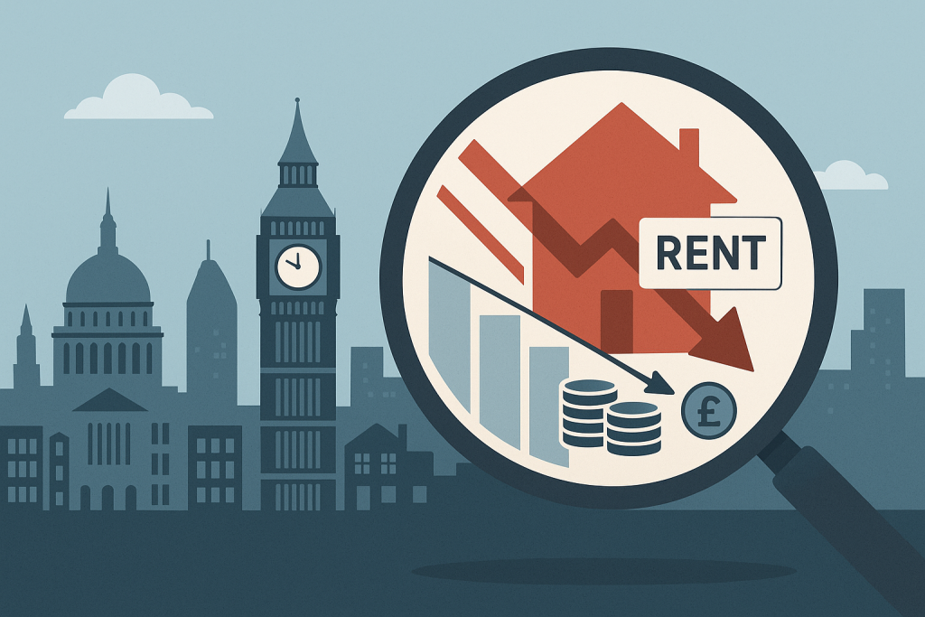 ロンドンのスカイラインと、賃貸供給の減少と家賃の上昇傾向を示すグラフを拡大鏡で見るイラスト。