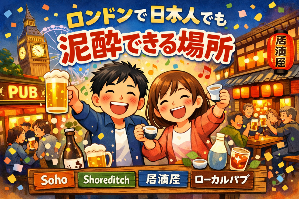 ロンドンのパブや居酒屋で、日本人カップルがビールと日本酒を片手に楽しく乾杯しているイラスト