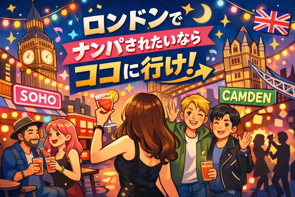 ロンドンの夜の街でナンパされやすいエリア（Soho・Camden）をポップに描いたイラスト