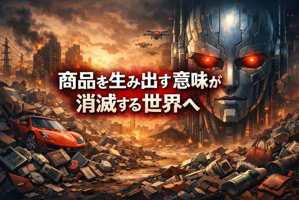 AIによって商品を生み出す意味が失われ、消費文明が崩壊していく未来社会を描いた思想的イラスト