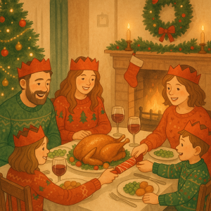 クリスマス当日にイギリスの家庭でローストターキーを囲む家族のイラスト