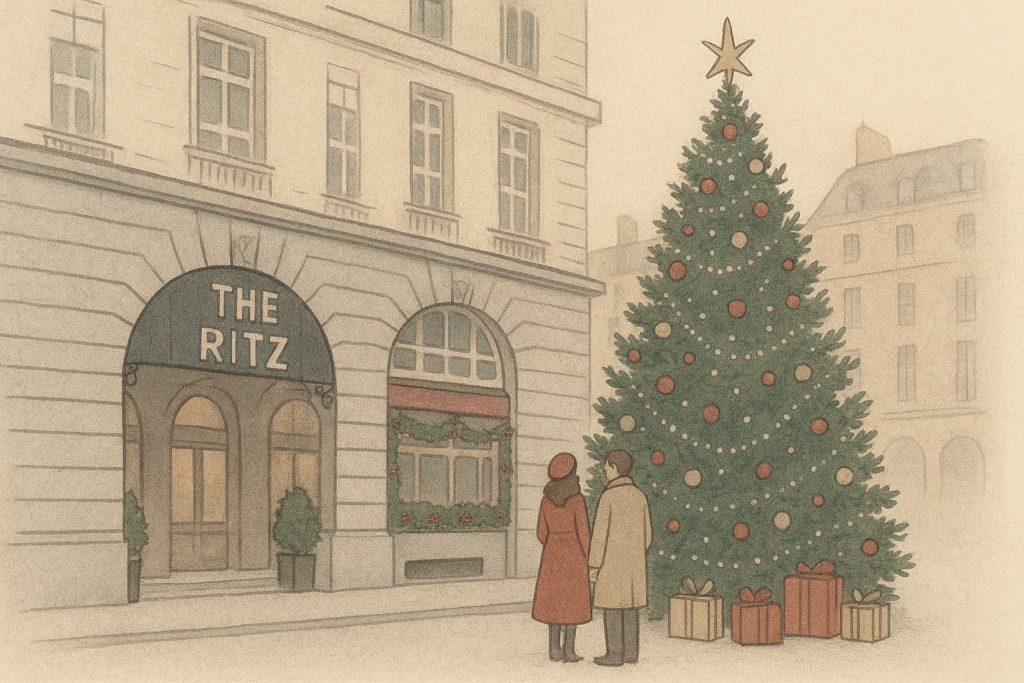 ロンドンのザ・リッツ前に立つ大きなクリスマスツリーと、冬の装いのカップルを描いた控えめな横長イラスト。