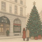 ロンドンのザ・リッツ前に立つ大きなクリスマスツリーと、冬の装いのカップルを描いた控えめな横長イラスト。