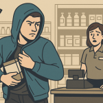 フードをかぶった男性が商品を服の中に隠して万引きをする様子を、レジ後ろの店員が不安そうに見つめている場面のイラスト。
