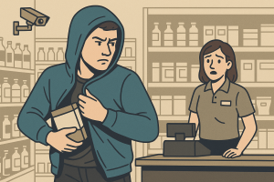 フードをかぶった男性が商品を服の中に隠して万引きをする様子を、レジ後ろの店員が不安そうに見つめている場面のイラスト。
