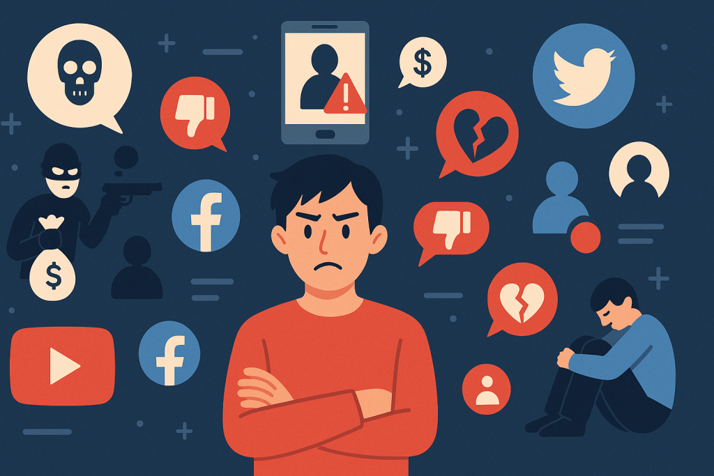 SNSの犯罪や誹謗中傷などの問題を象徴的に描いたイラスト。中央の人物が不安そうな表情をし、周囲には犯罪者アイコンや低評価マーク、SNSロゴなどが配置されている。