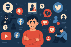 SNSの犯罪や誹謗中傷などの問題を象徴的に描いたイラスト。中央の人物が不安そうな表情をし、周囲には犯罪者アイコンや低評価マーク、SNSロゴなどが配置されている。