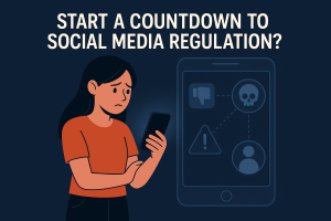 SNSの危険性に不安を感じながらスマートフォンを見る少女と、危険な情報が表示されたスマホ画面のイメージ。