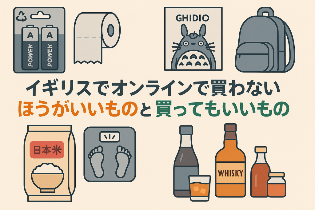 イギリスでオンラインで買わないほうがいいものと買ってもいいものをイラストで比較したアイキャッチ画像。乾電池、トイレットペーパー、ジブリ風ポスター、リュック、日本米、体重計、ウイスキー、調味料などを表示。