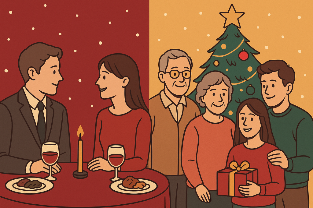 日本の恋人向けクリスマスディナーと、イギリスの家族で過ごすクリスマスを対比した横長イラスト