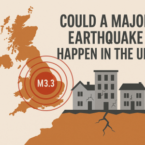 イギリスの地図とM3.3の震源を示す同心円、ひび割れた家屋が並ぶ“英国で大地震は起こりうるか？”をテーマにした横長イラスト