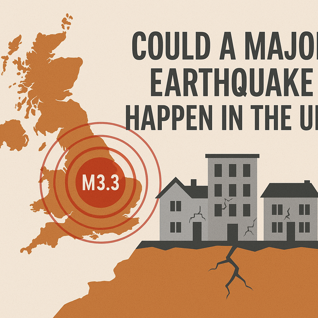 イギリスの地図とM3.3の震源を示す同心円、ひび割れた家屋が並ぶ“英国で大地震は起こりうるか？”をテーマにした横長イラスト