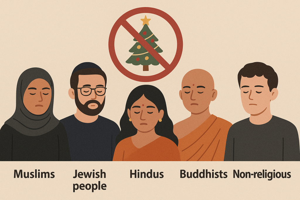 イギリスで宗教上クリスマスを祝わないイスラム教徒、ユダヤ教徒、ヒンドゥー教徒、仏教徒、無宗教の人々を並べた横長イラスト。上部にクリスマスツリーを禁止するマークが描かれている。