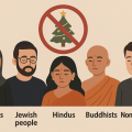 イギリスで宗教上クリスマスを祝わないイスラム教徒、ユダヤ教徒、ヒンドゥー教徒、仏教徒、無宗教の人々を並べた横長イラスト。上部にクリスマスツリーを禁止するマークが描かれている。