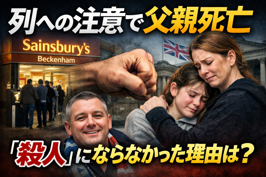 イギリスのスーパーで列への割り込みを注意した父親が暴行を受け死亡した事件を象徴するアイキャッチ画像