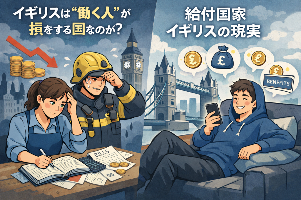 イギリスの労働問題を描いたイラスト。働いても生活が苦しい消防士とシングルマザーと、給付金で暮らす若者の対比