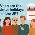 イギリスの冬休みをテーマに、家族団らん・旅行・読書・屋内で過ごす人々など、ホリデー期間の典型的な過ごし方を表現した横長のイラスト。