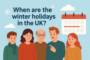 イギリスの冬休みをテーマに、家族団らん・旅行・読書・屋内で過ごす人々など、ホリデー期間の典型的な過ごし方を表現した横長のイラスト。