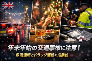 イギリスの年末年始に増加する交通事故を象徴するイメージ。雪の夜道の渋滞、飲酒後の車のキー、警察による飲酒検査とドラッグの様子。