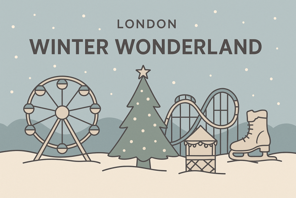 ロンドンのウィンターワンダーランドを控えめな色使いで描いた横長イラスト。観覧車、クリスマスツリー、ジェットコースター、マーケット小屋、スケート靴が並ぶ冬の風景。