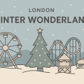 ロンドンのウィンターワンダーランドを控えめな色使いで描いた横長イラスト。観覧車、クリスマスツリー、ジェットコースター、マーケット小屋、スケート靴が並ぶ冬の風景。