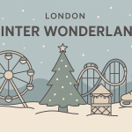 ロンドンのウィンターワンダーランドを控えめな色使いで描いた横長イラスト。観覧車、クリスマスツリー、ジェットコースター、マーケット小屋、スケート靴が並ぶ冬の風景。