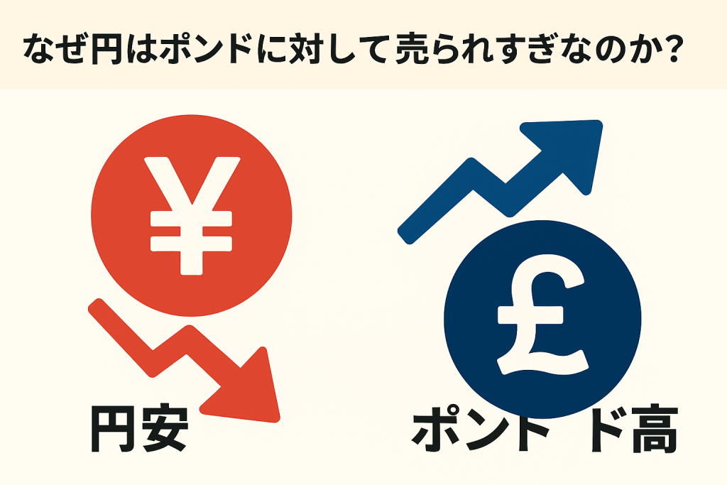円安とポンド高を示すイラスト。円の下向き矢印とポンドの上向き矢印で両通貨の値動きを対比したデザイン。