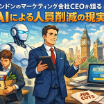 ロンドンのマーケティング会社でAI導入により人員削減が進む様子を表したイラスト