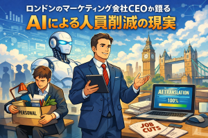 ロンドンのマーケティング会社でAI導入により人員削減が進む様子を表したイラスト