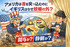 世界の問題に積極介入するアメリカと、距離を保つイギリスを対比的に描いたイラスト調の政治風刺イメージ