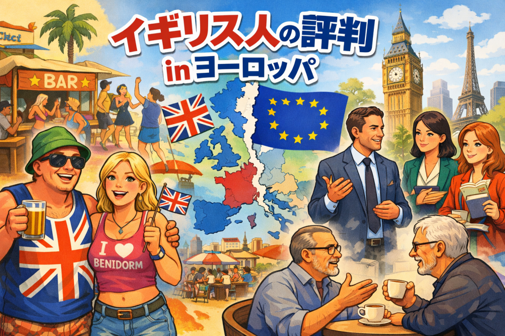 ヨーロッパ各地におけるイギリス人の評判をテーマに、観光客、ビジネス、文化交流、EUとの関係を描いたイラスト