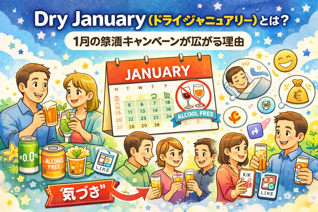 Dry Januaryをテーマに、ノンアルコールドリンクと健康的なライフスタイルを描いたイラスト