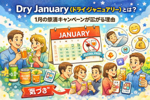 Dry Januaryをテーマに、ノンアルコールドリンクと健康的なライフスタイルを描いたイラスト