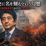 安倍元総理の肖像を中心に、日本の国会議事堂と暗い群衆を背景に描いたシリアスなイラスト