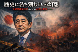 安倍元総理の肖像を中心に、日本の国会議事堂と暗い群衆を背景に描いたシリアスなイラスト