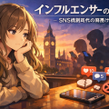 SNS規制が進むロンドンを背景に、スマートフォンを前に物思いにふけるイギリスのインフルエンサーを描いたイラスト