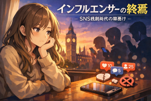 SNS規制が進むロンドンを背景に、スマートフォンを前に物思いにふけるイギリスのインフルエンサーを描いたイラスト