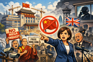 ロンドンに建設予定の巨大中国大使館を背景に、反対デモを行う市民や政治家を描いたイラスト