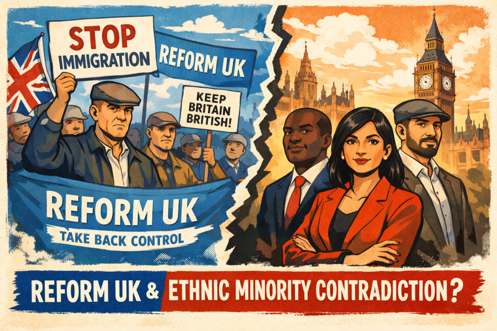 反移民スローガンを掲げるReform UK支持者の群衆と、有色人種の政治参加者が対比的に描かれた英国政治の矛盾を象徴するイラスト