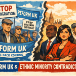 反移民スローガンを掲げるReform UK支持者の群衆と、有色人種の政治参加者が対比的に描かれた英国政治の矛盾を象徴するイラスト