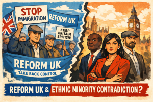 反移民スローガンを掲げるReform UK支持者の群衆と、有色人種の政治参加者が対比的に描かれた英国政治の矛盾を象徴するイラスト