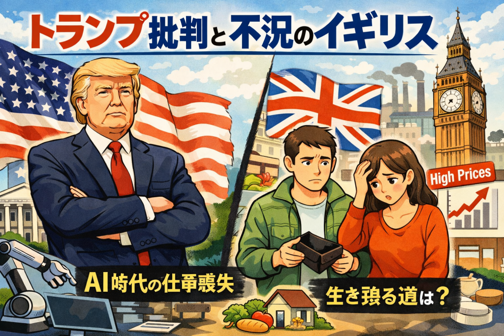 トランプ批判が続くイギリスの不況と、AI時代の仕事喪失に不安を抱く国民を対比した政治経済イラスト