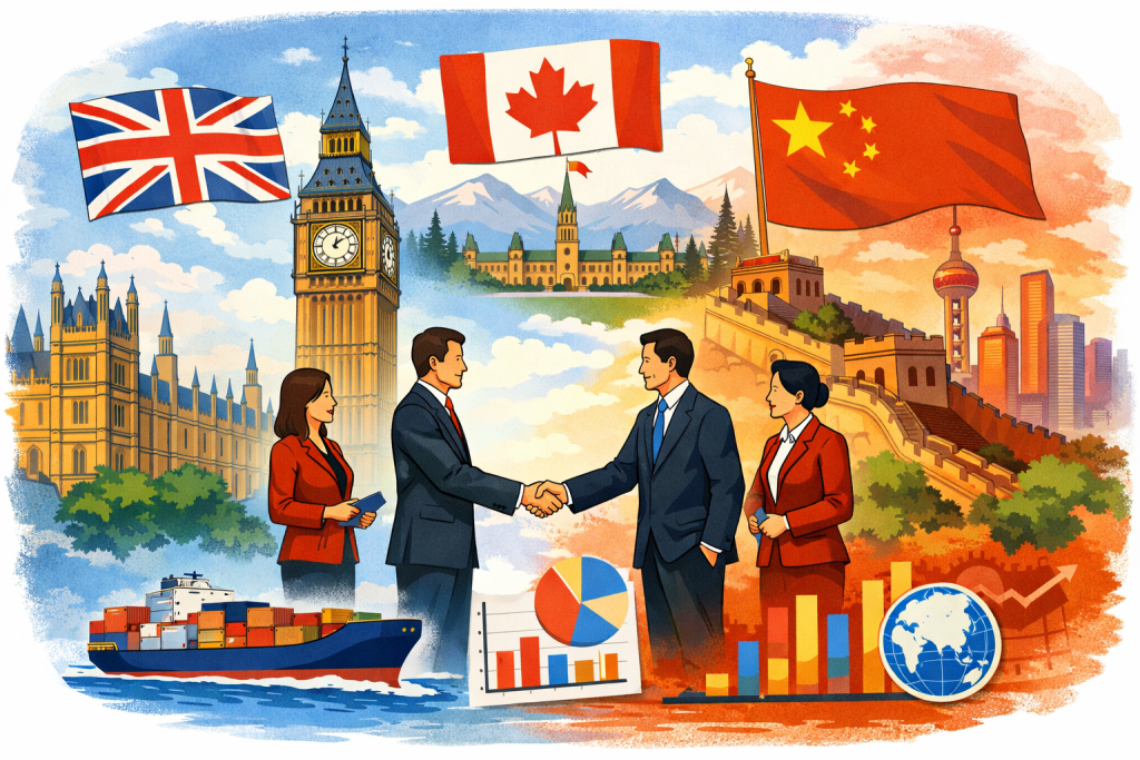 イギリスと中国の外交関係を象徴するイラスト。ビッグ・ベンと万里の長城を背景に、両国の代表が握手し、カナダを示唆する要素が配置されている。