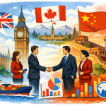 イギリスと中国の外交関係を象徴するイラスト。ビッグ・ベンと万里の長城を背景に、両国の代表が握手し、カナダを示唆する要素が配置されている。