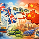 イギリスと中国の経済的つながりと依存関係を象徴的に描いたイラスト