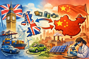 イギリスと中国の経済的つながりと依存関係を象徴的に描いたイラスト