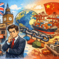 中国への依存と国内産業の衰退に悩むイギリス経済を象徴的に描いたイラスト