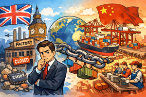 中国への依存と国内産業の衰退に悩むイギリス経済を象徴的に描いたイラスト