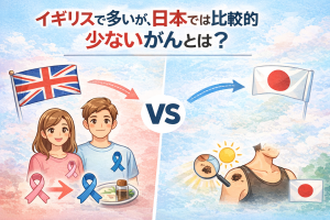 イギリスでは多く、日本では比較的少ないがんをテーマに、両国をイラストで比較したアイキャッチ画像。乳がんや前立腺がん、皮膚がんを象徴的に表現している。